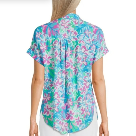 Time and Tru Linen Blend Floral Roll Cuff Button Shirt Womens M Multicolor Boho - Picture 6 of 10